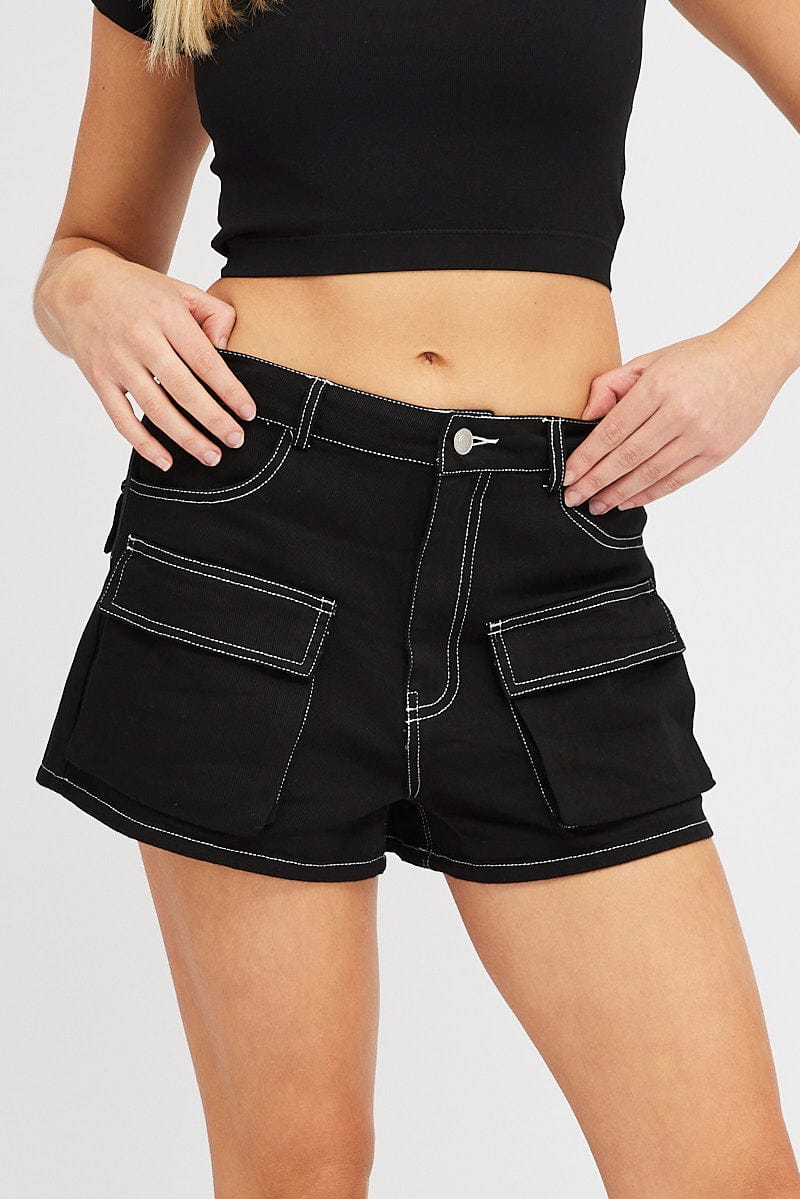 Black Cargo Shorts Contrast Stitching - Image 2