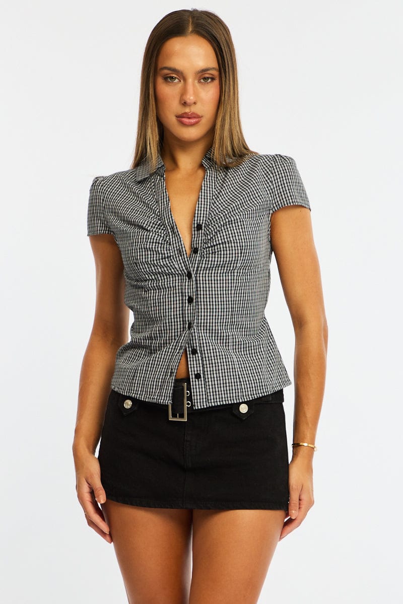Black Check Button Up Shirt Short Sleeve Collared Tie Back - Image 2