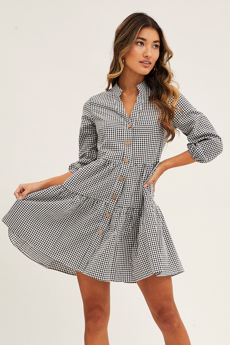 Black Check Gingham Button Front Skater Dress - Image 3