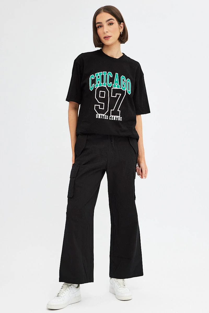 Black Chicago Tee Short Sleeve Round Neck Embroidered - Image 3