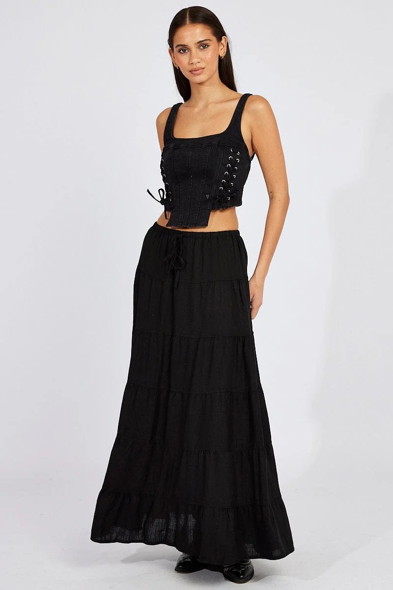 Black Corset Sleeveless Scoop Neck Lace Up Stretch - Image 2
