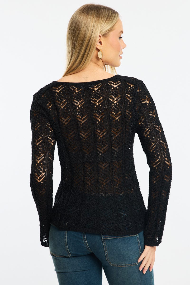 Black Crochet Knit Top Long Sleeve - Image 4