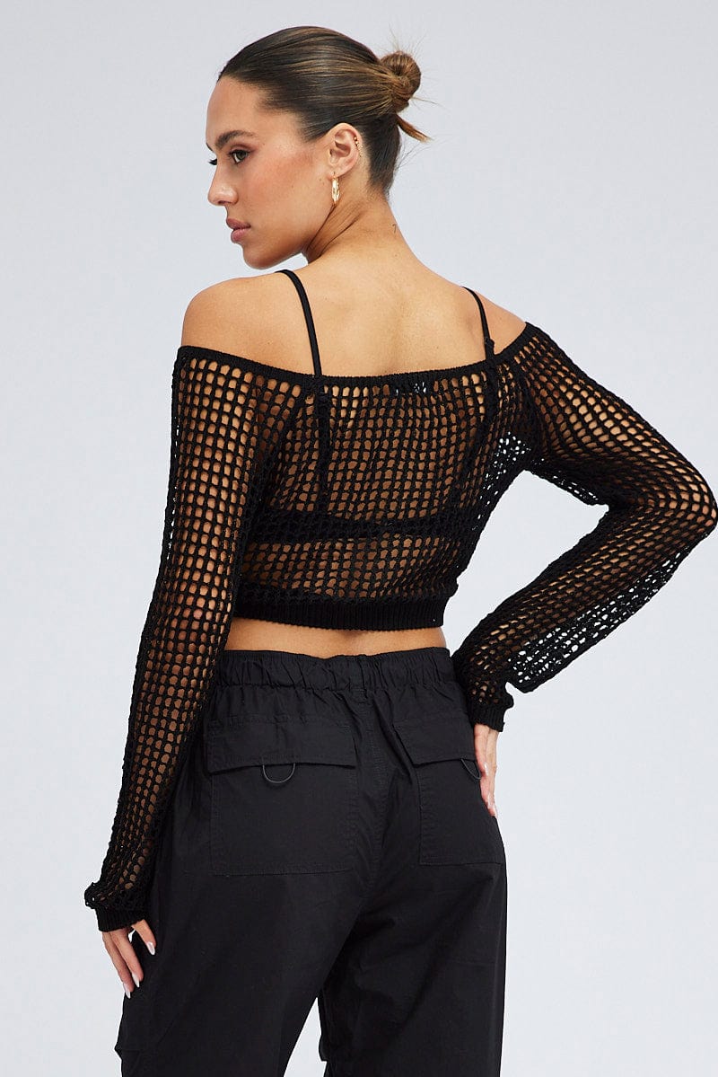 Black Crochet Knit Top Long Sleeve Square Neck - Image 5