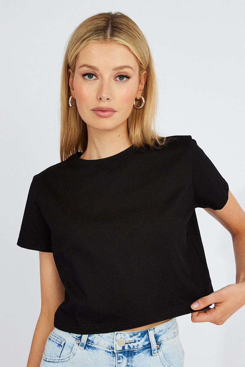 Black Crop T Shirt Short Sleeve Crew Neck - Image 3