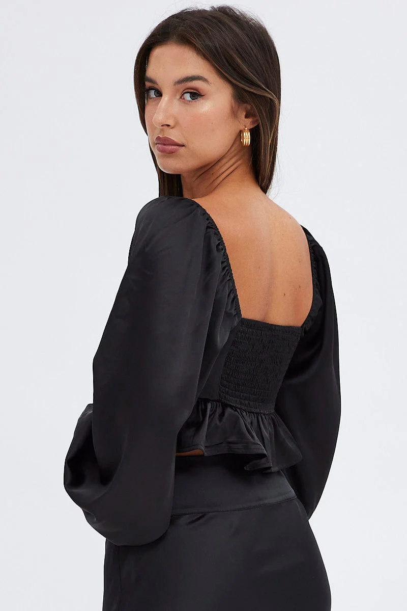 Black Crop Top Long Sleeve Square Neck Frill Hem Satin - Image 5