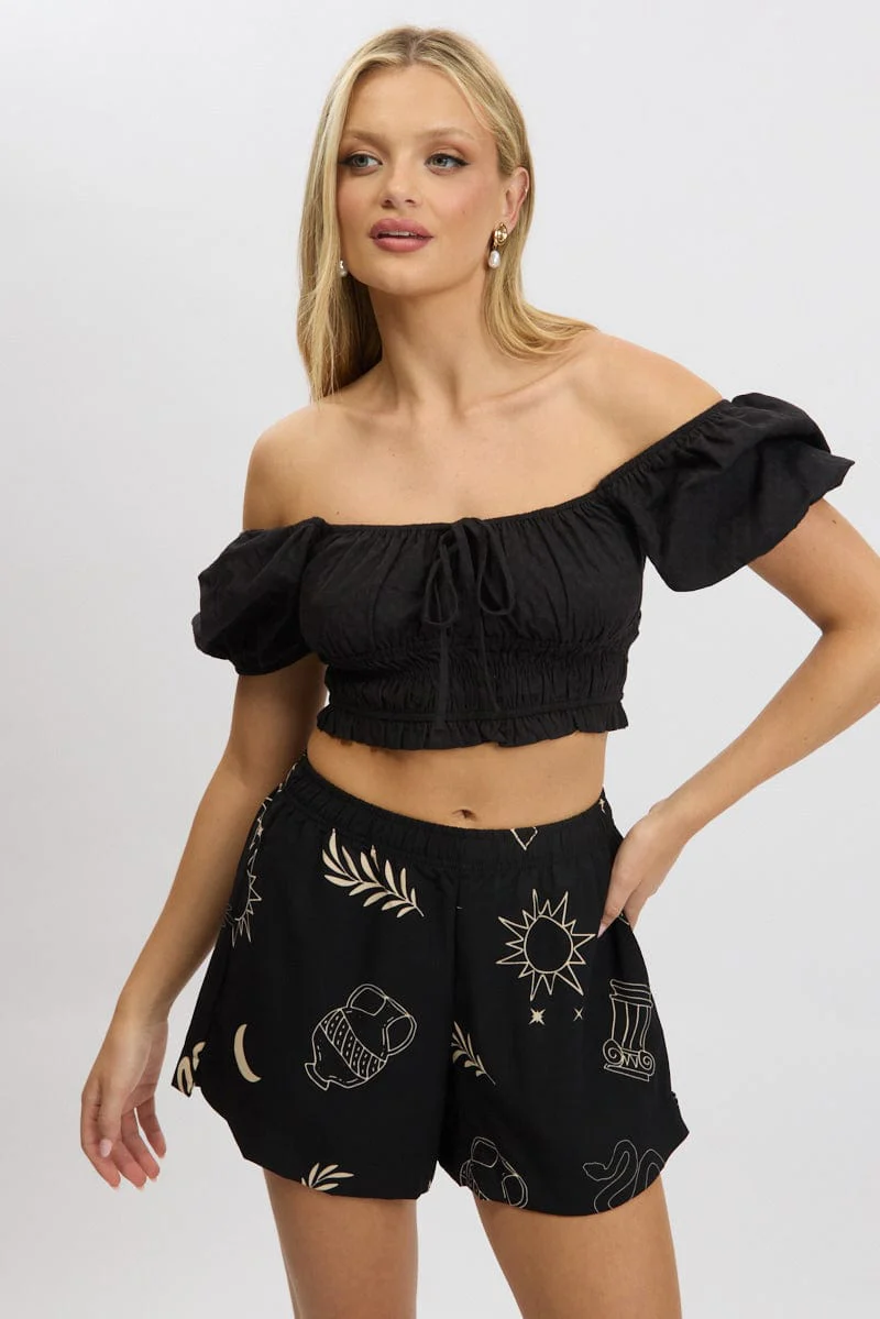 Black Crop Top Short Sleeve Shirred Waist - Image 3