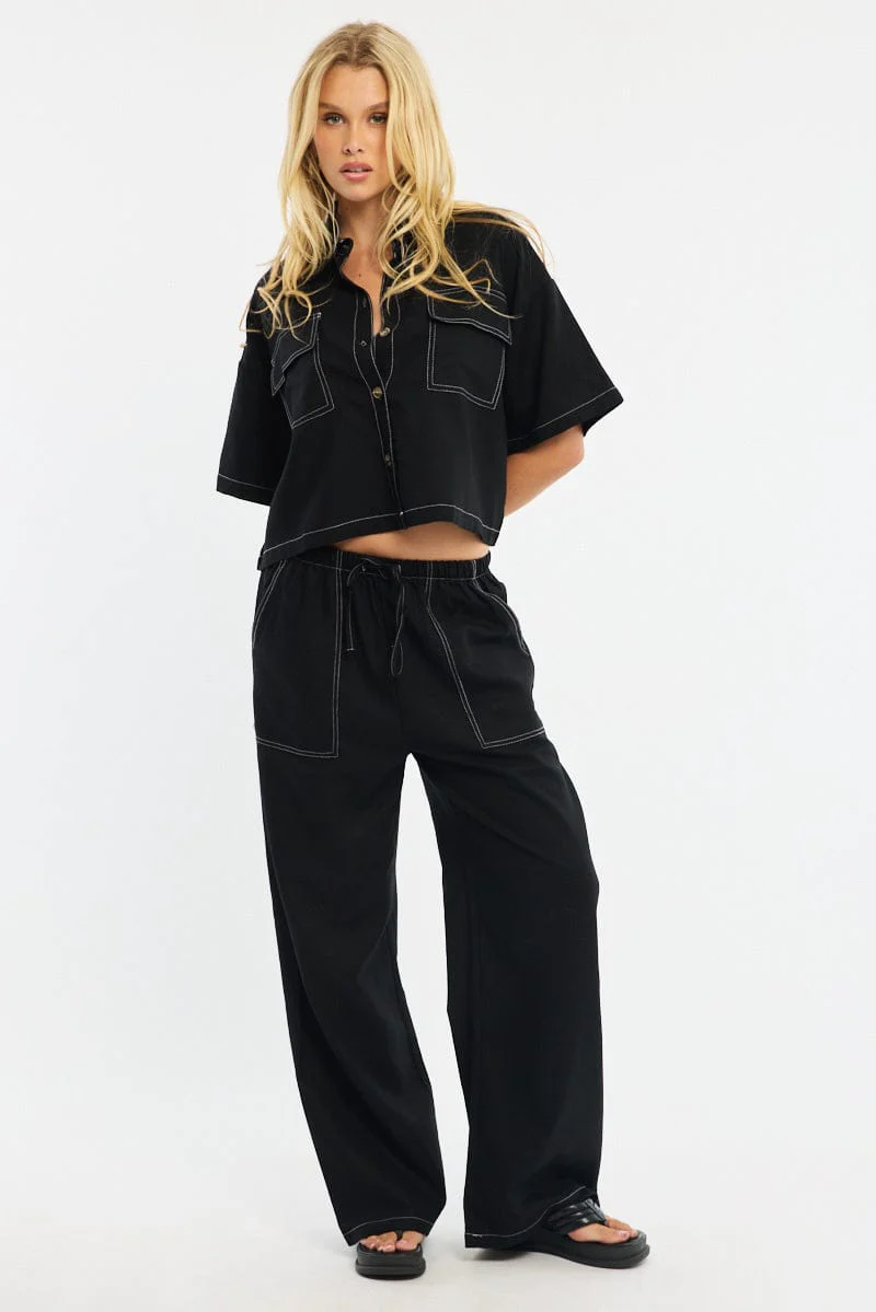 Black Cropped Shirt Short Sleeve Collared Outpocket - Image 2