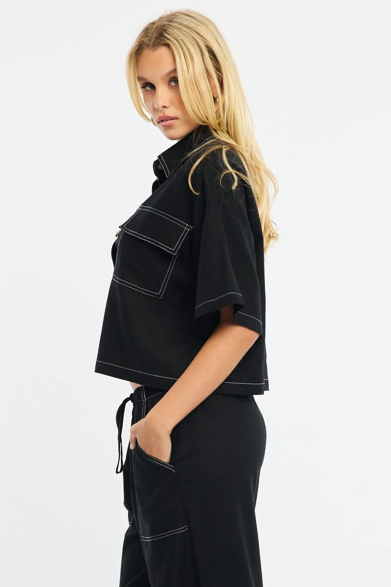 Black Cropped Shirt Short Sleeve Collared Outpocket - Image 3