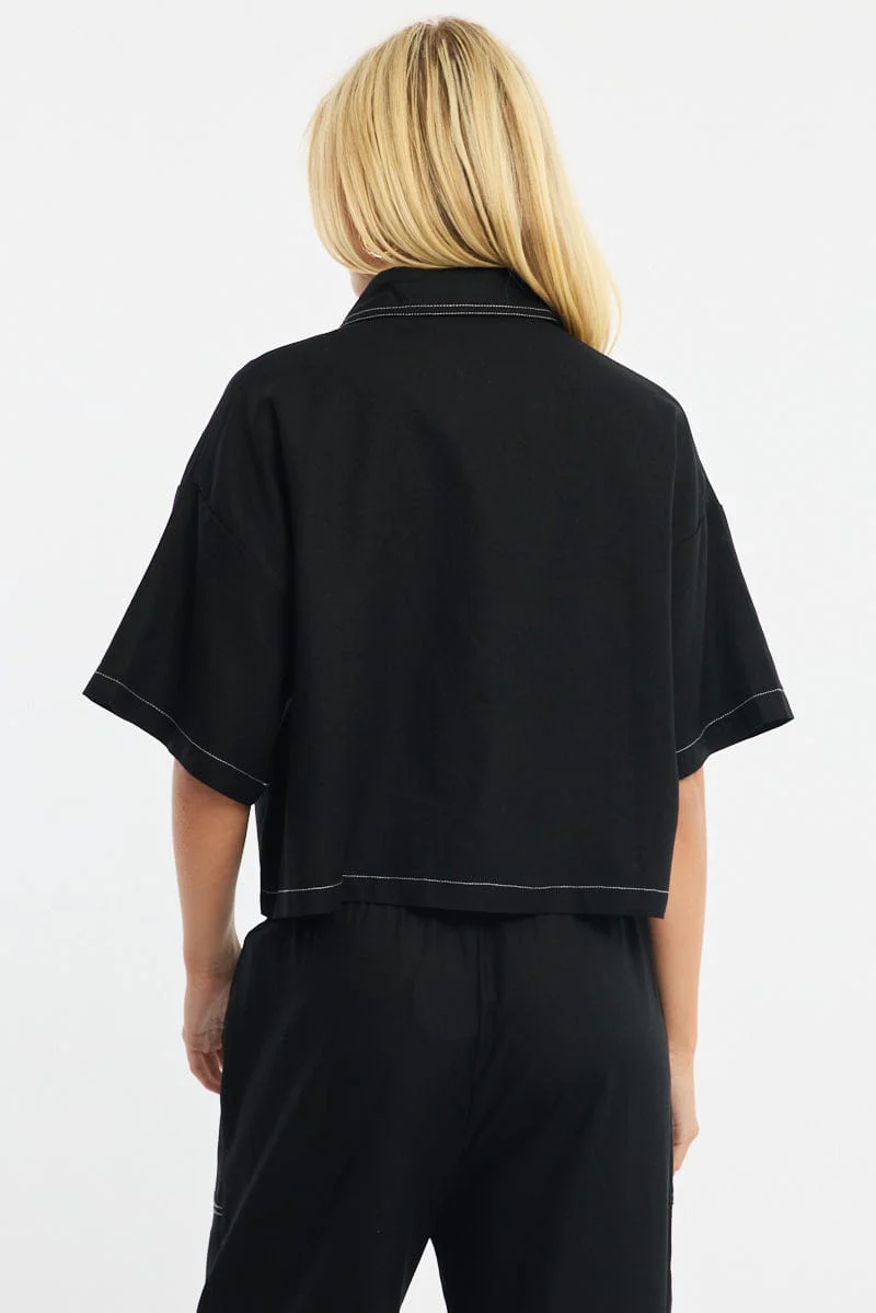 Black Cropped Shirt Short Sleeve Collared Outpocket - Image 4