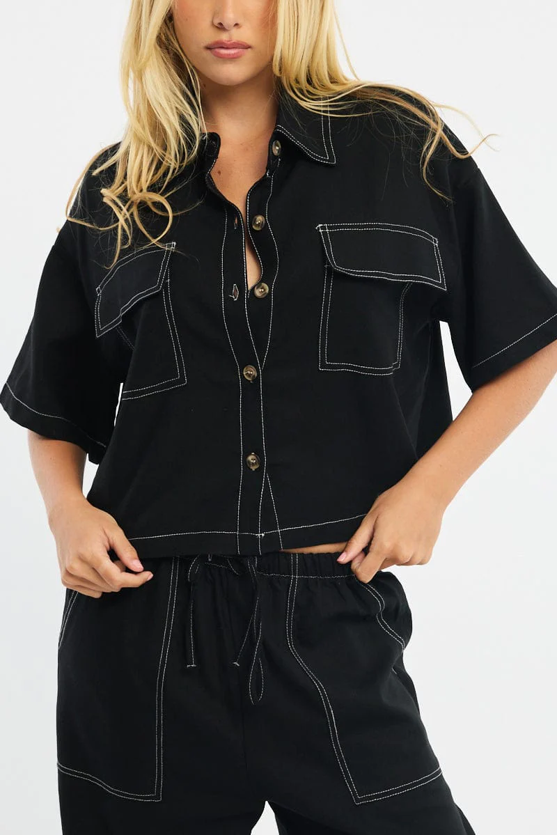 Black Cropped Shirt Short Sleeve Collared Outpocket - Image 5