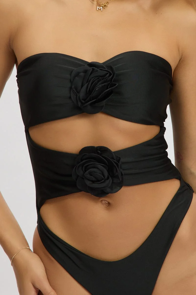 Black Cut Out Rosette One Piece Swimsuit - Image 6