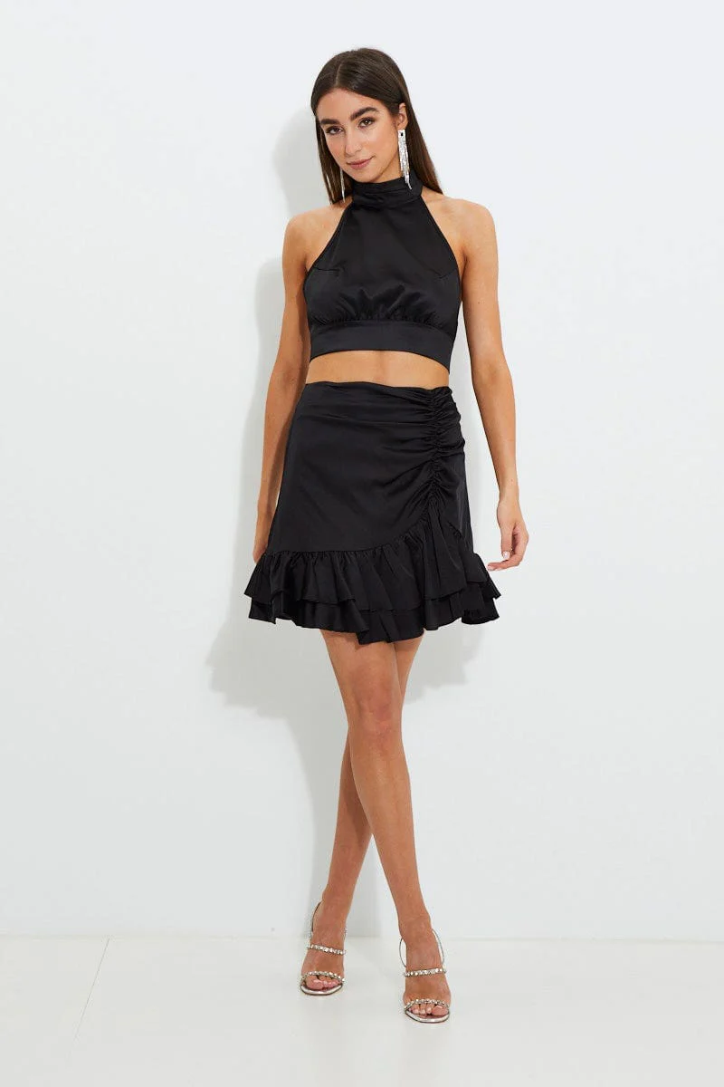 Black Designer Asymmetric Frill Detail Mini Skirt - Image 3