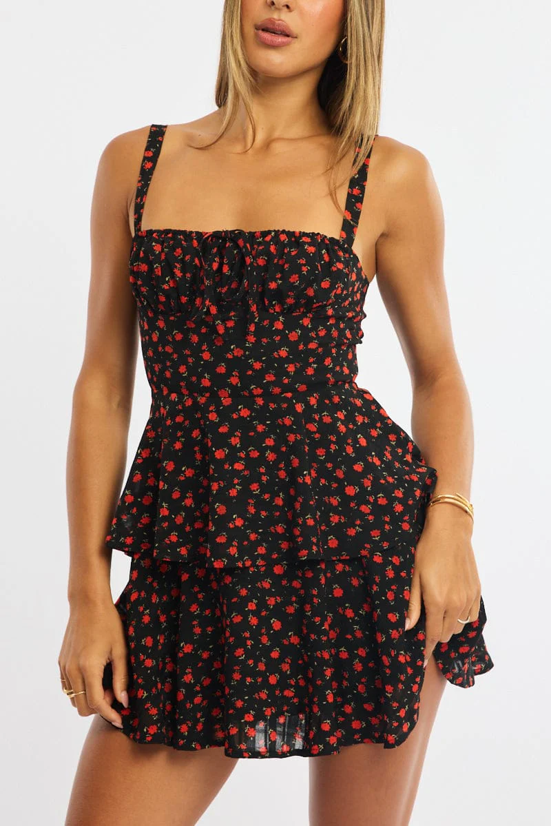Black Ditsy Fit And Flare Dress Square Neck Mini - Image 5