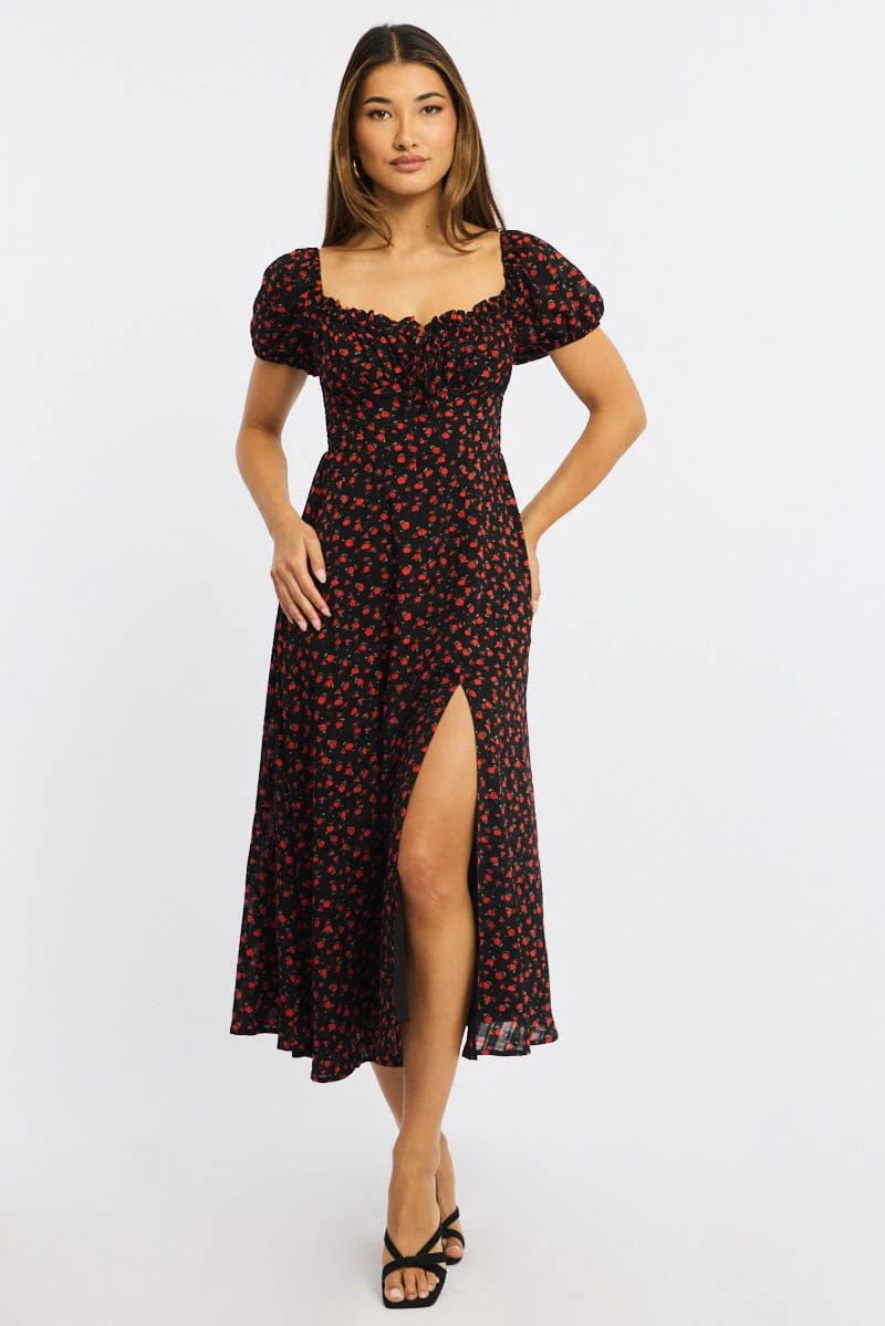 Black Ditsy Midi Dress Puff Sleeve