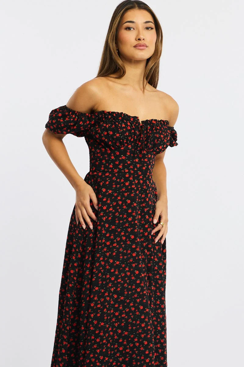 Black Ditsy Midi Dress Puff Sleeve - Image 2