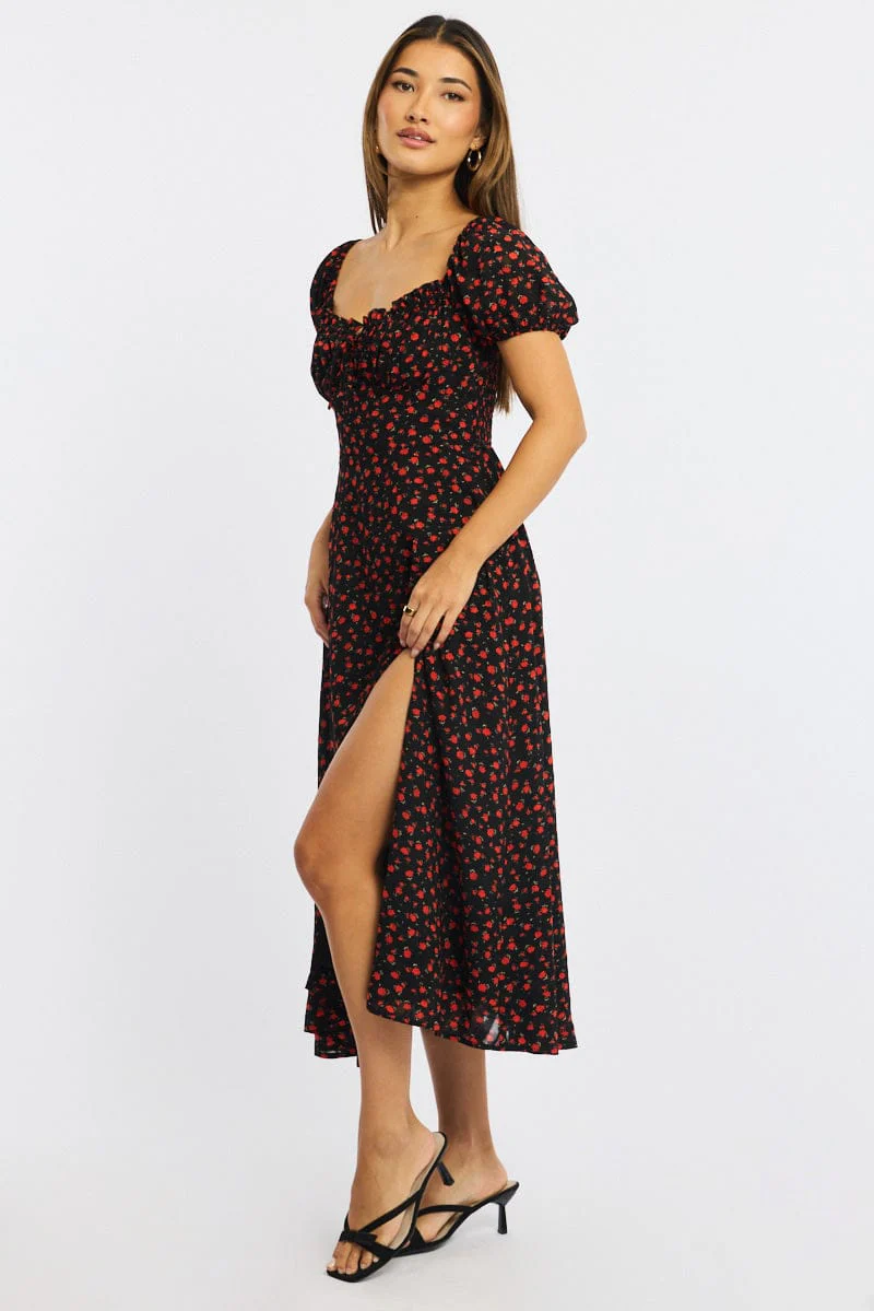Black Ditsy Midi Dress Puff Sleeve - Image 3