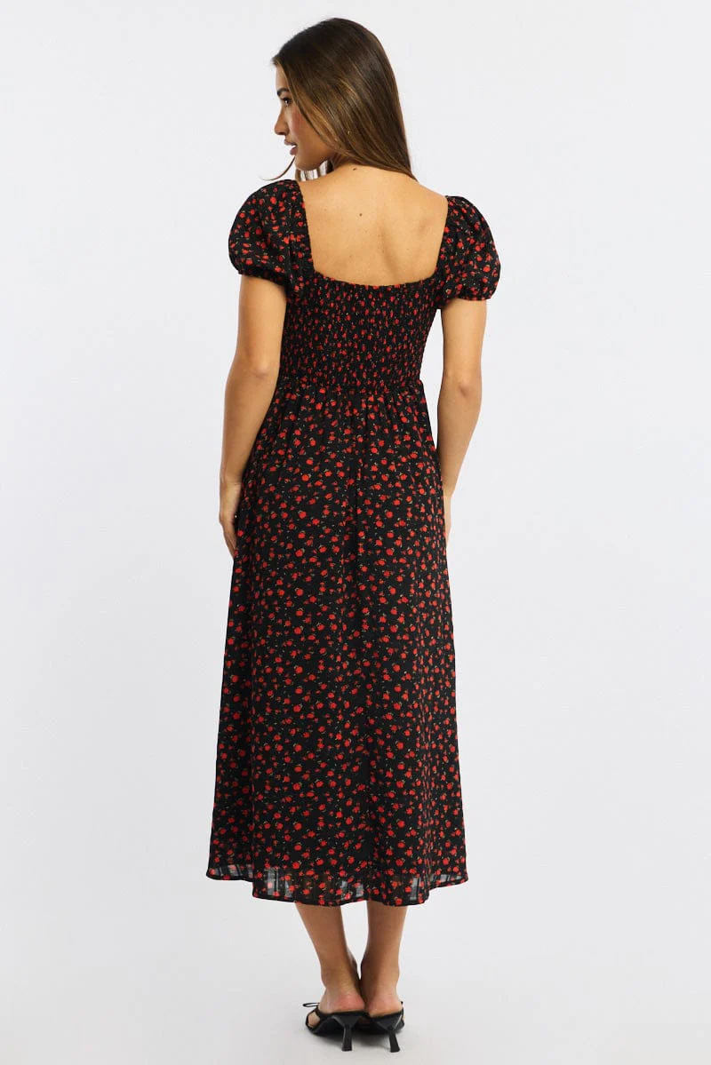Black Ditsy Midi Dress Puff Sleeve - Image 4