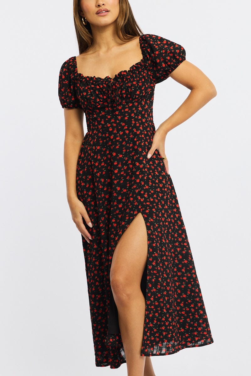 Black Ditsy Midi Dress Puff Sleeve - Image 5