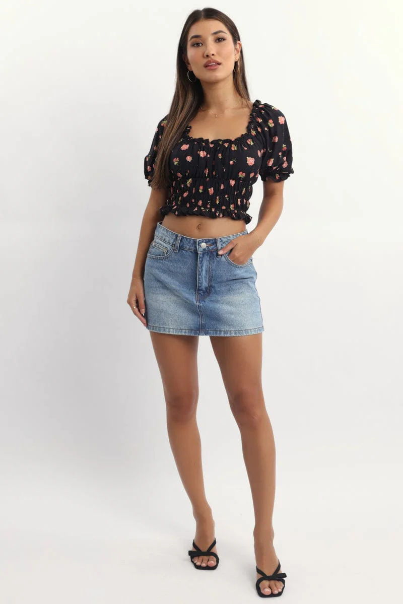Black Ditsy Shirred Top Short Sleeve Square Neck Frill Details - Image 2