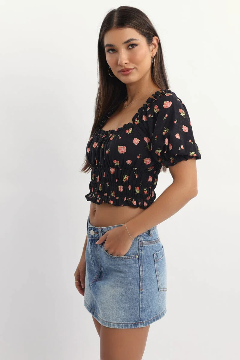 Black Ditsy Shirred Top Short Sleeve Square Neck Frill Details - Image 3
