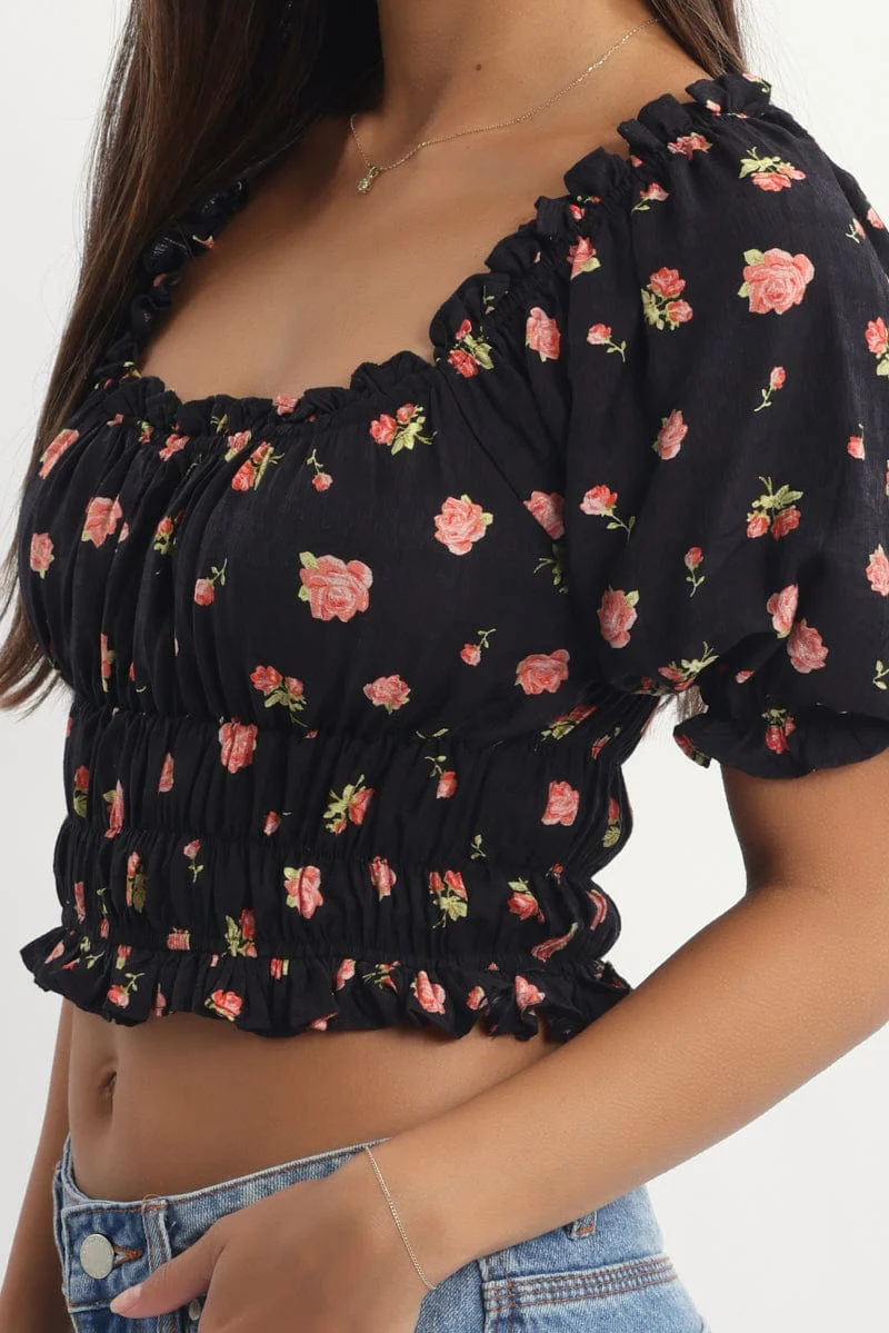 Black Ditsy Shirred Top Short Sleeve Square Neck Frill Details - Image 5