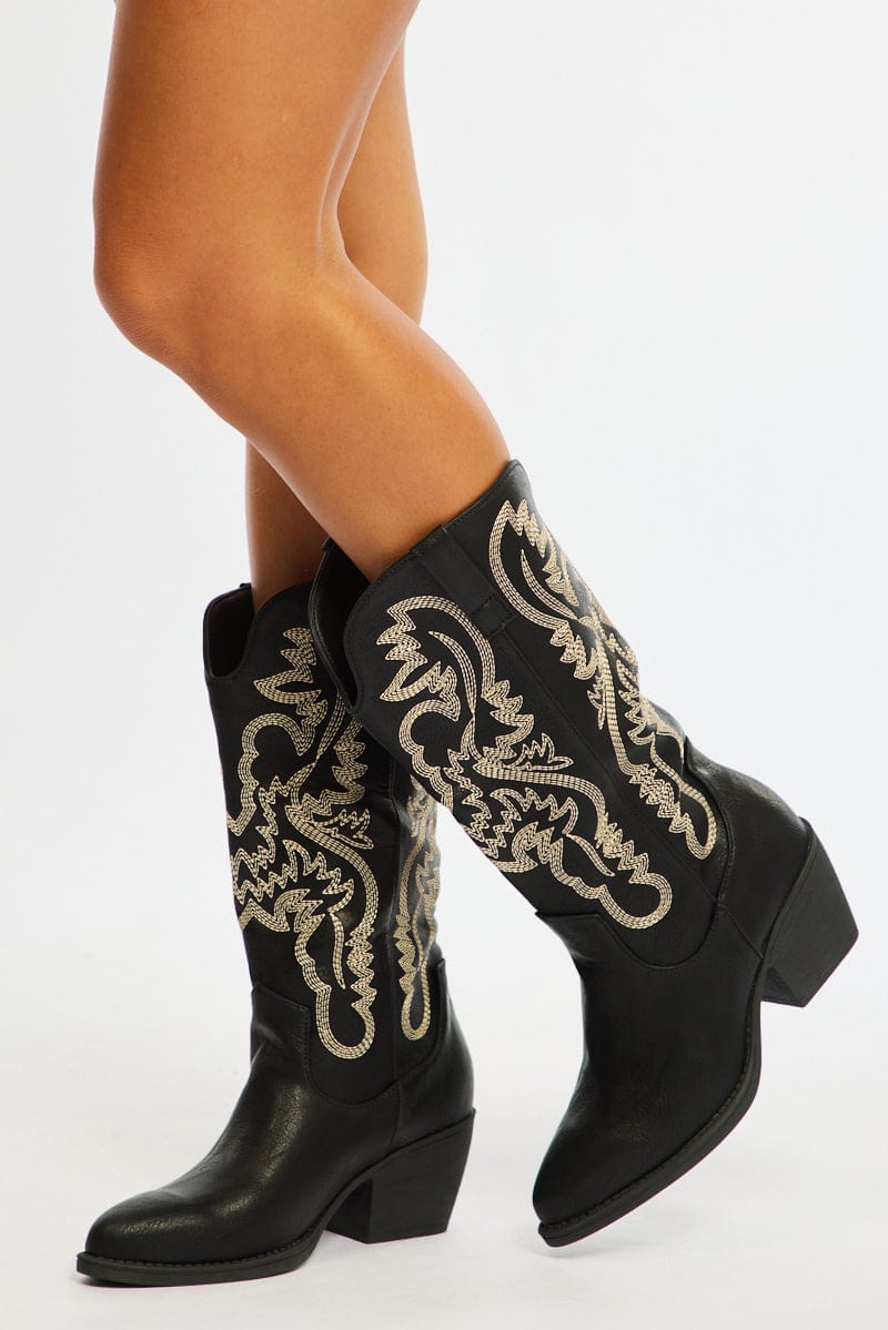 Black Embroidered Western Cowboy Boots - Image 3