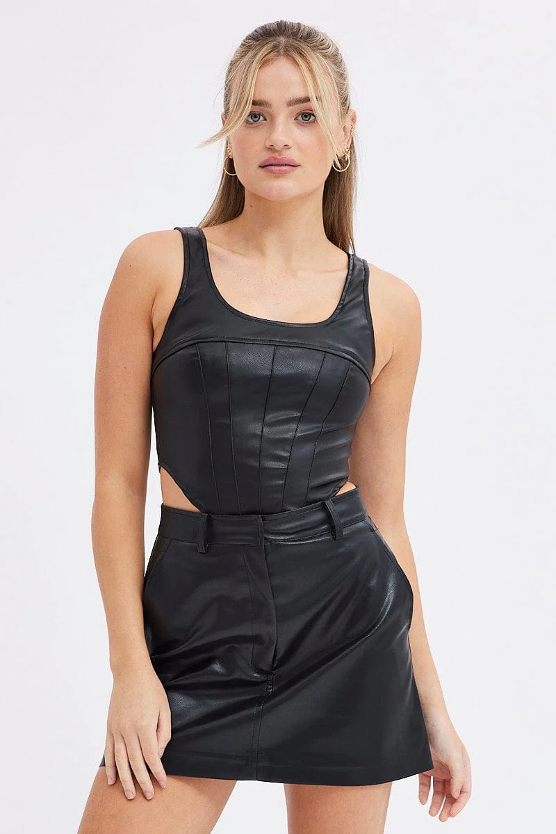Black Faux Leather Corset Sleeveless Scoop Neck Stretch - Image 3