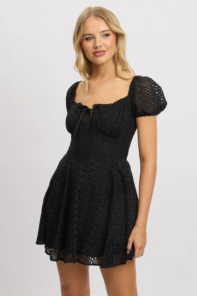 Black Fit And Flare Dress Mini Eyelet Fabric - Image 3