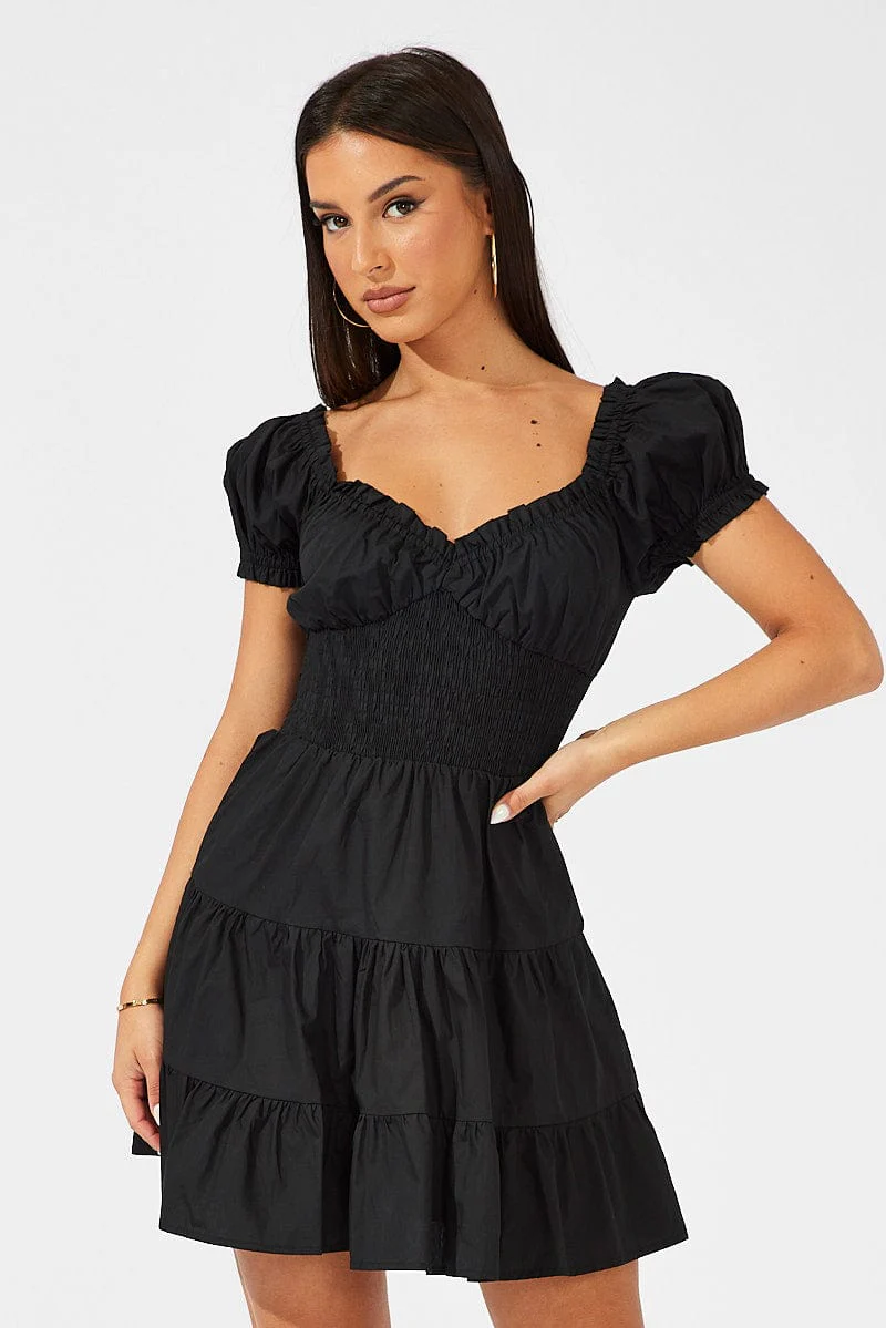 Black Fit and Flare Dress Short Sleeve Shirred Waist