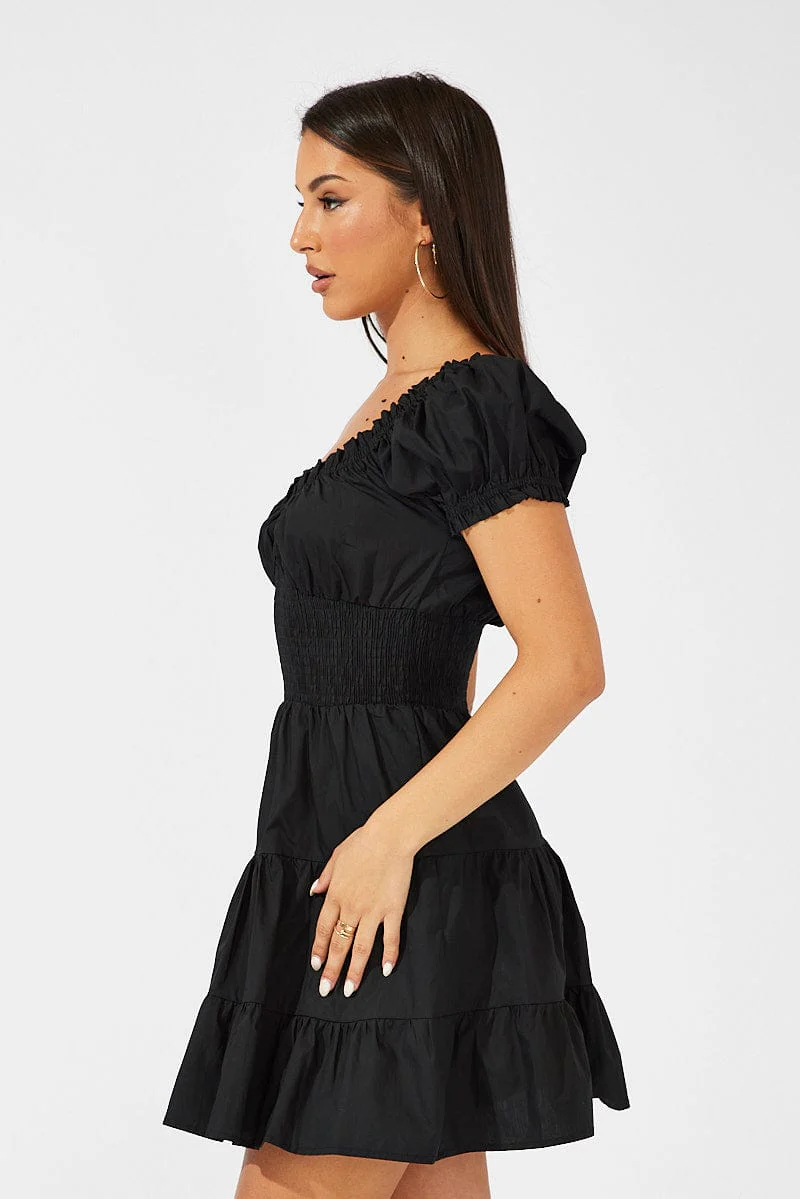 Black Fit and Flare Dress Short Sleeve Shirred Waist - Image 4