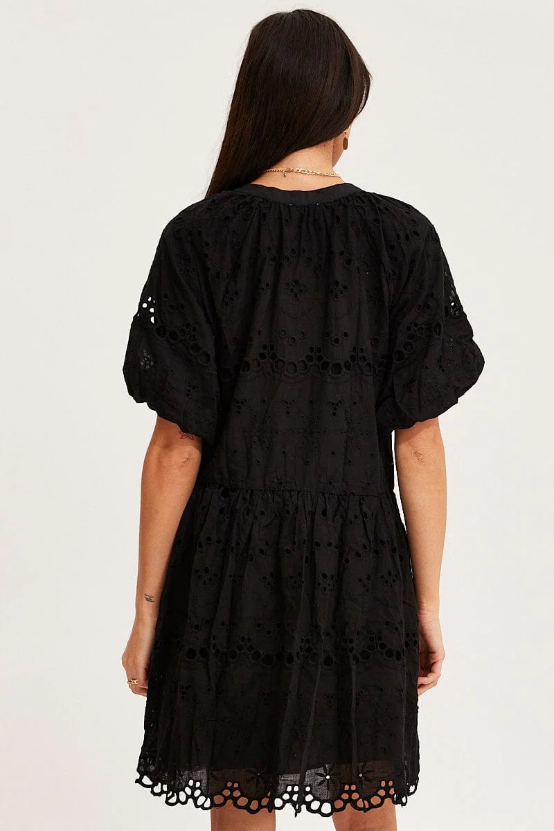 Black Fit And Flare Dress Short Sleeve V Neck - Image 5