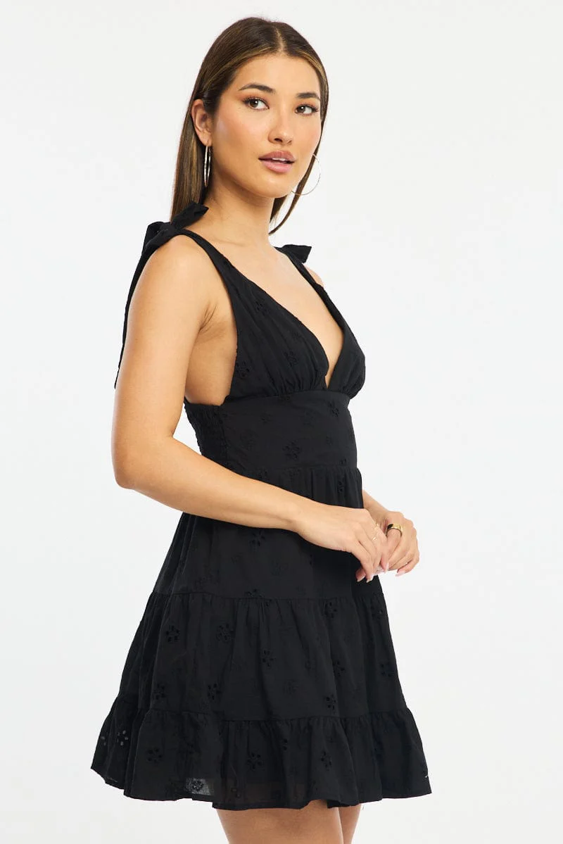 Black Fit And Flare Dress Shoulder Tie Eyelet Fabric - Image 3