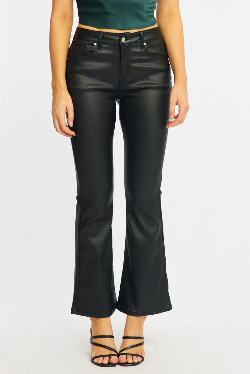 Black Flare Jeans High Rise Wet Look - Image 2