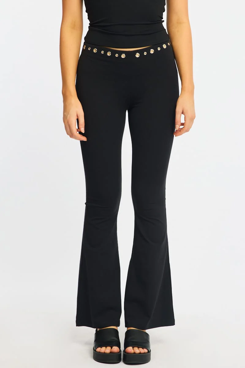 Black Flare Leg Pants Stud Waist - Image 3
