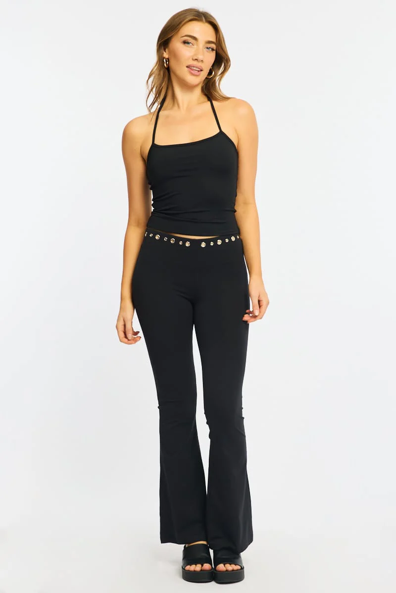 Black Flare Leg Pants Stud Waist - Image 4