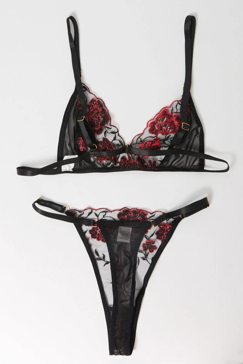 Black Floral Embroidery Lingerie Set - Image 2