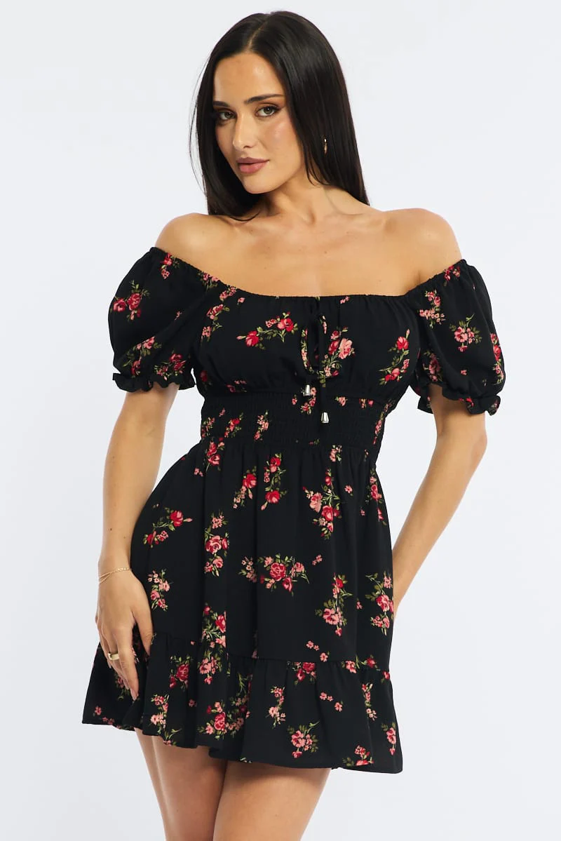 Black Floral Fit And Flare Dress Puff Sleeve - Image 2