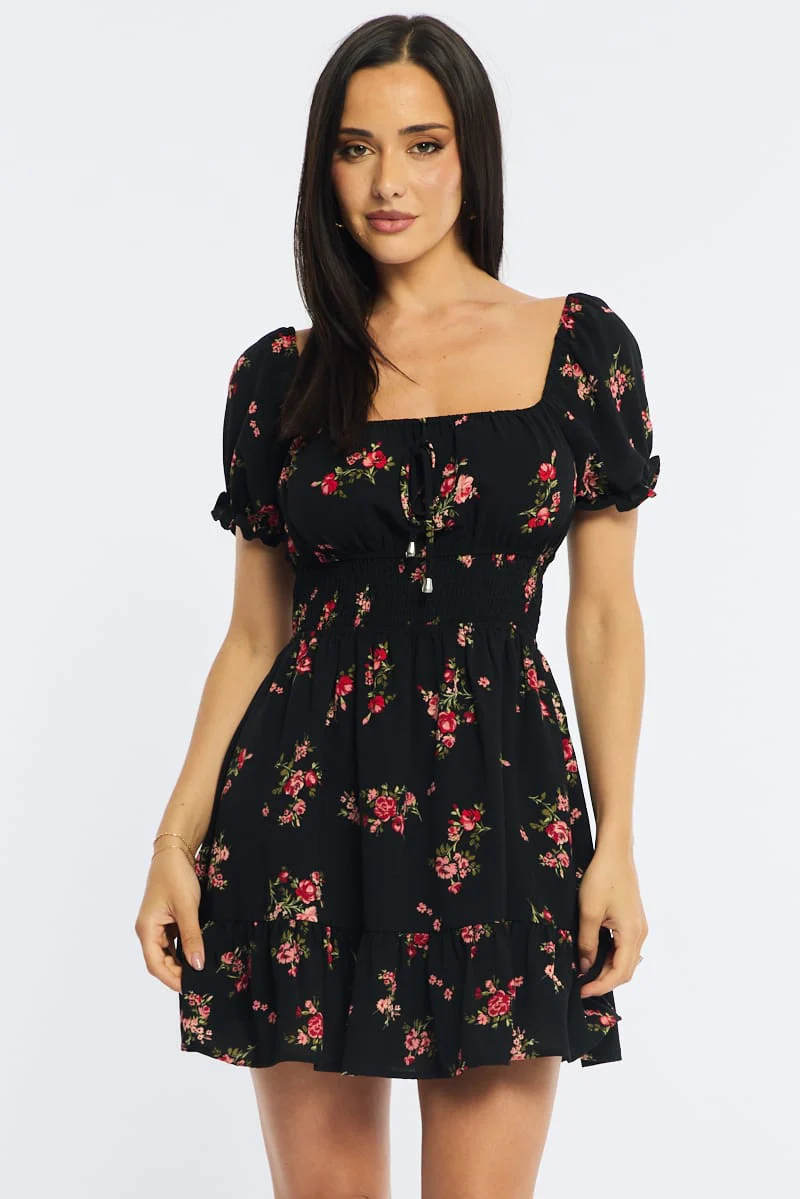 Black Floral Fit And Flare Dress Puff Sleeve - Image 3