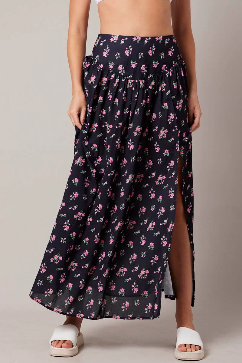 Black Floral Maxi Skirt Bouquet Ditsy Side Split Skirt - Image 3