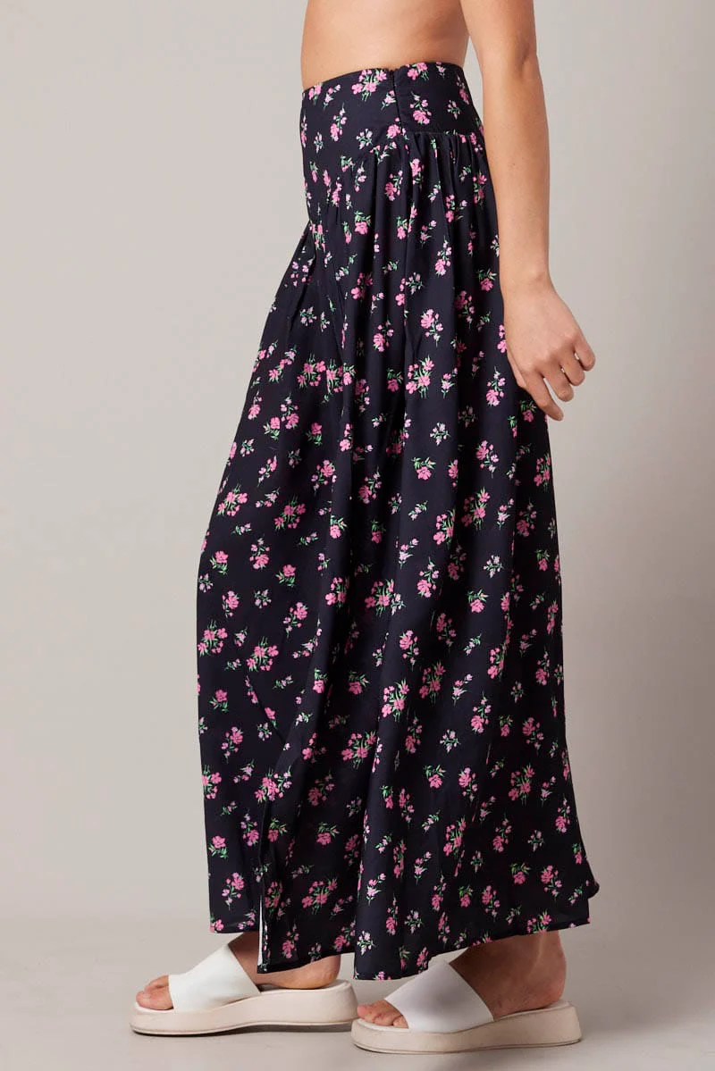 Black Floral Maxi Skirt Bouquet Ditsy Side Split Skirt - Image 4