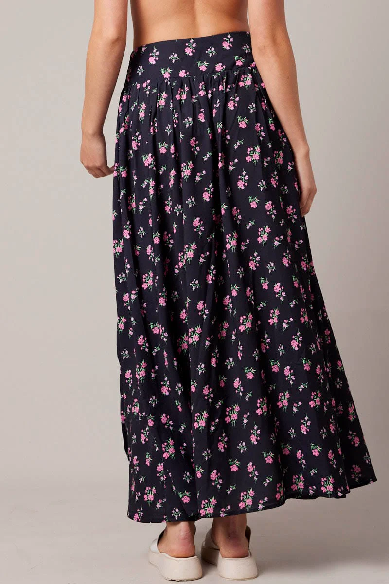 Black Floral Maxi Skirt Bouquet Ditsy Side Split Skirt - Image 5