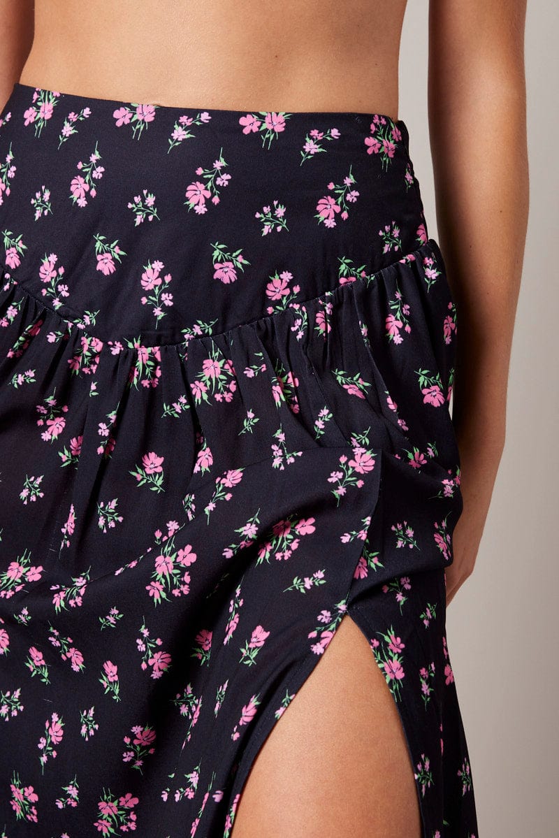 Black Floral Maxi Skirt Bouquet Ditsy Side Split Skirt - Image 6