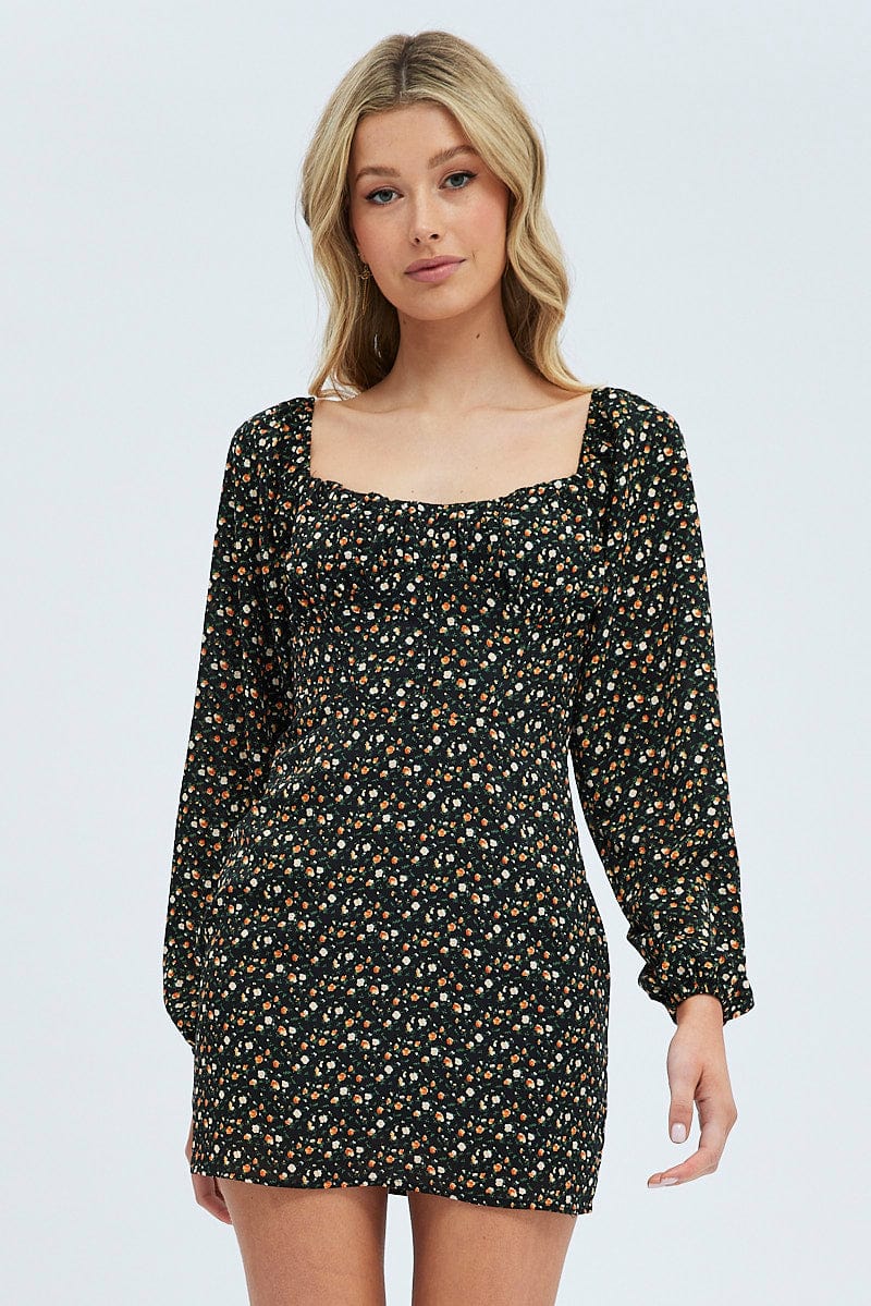 Black Floral Midi Dress Long Sleeve Gathering Bust - Image 3