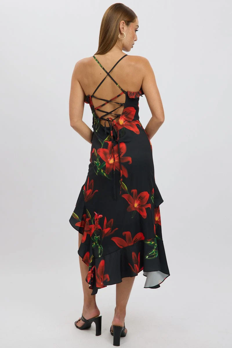 Black Floral Midi Dress Ruffle Detail - Image 5