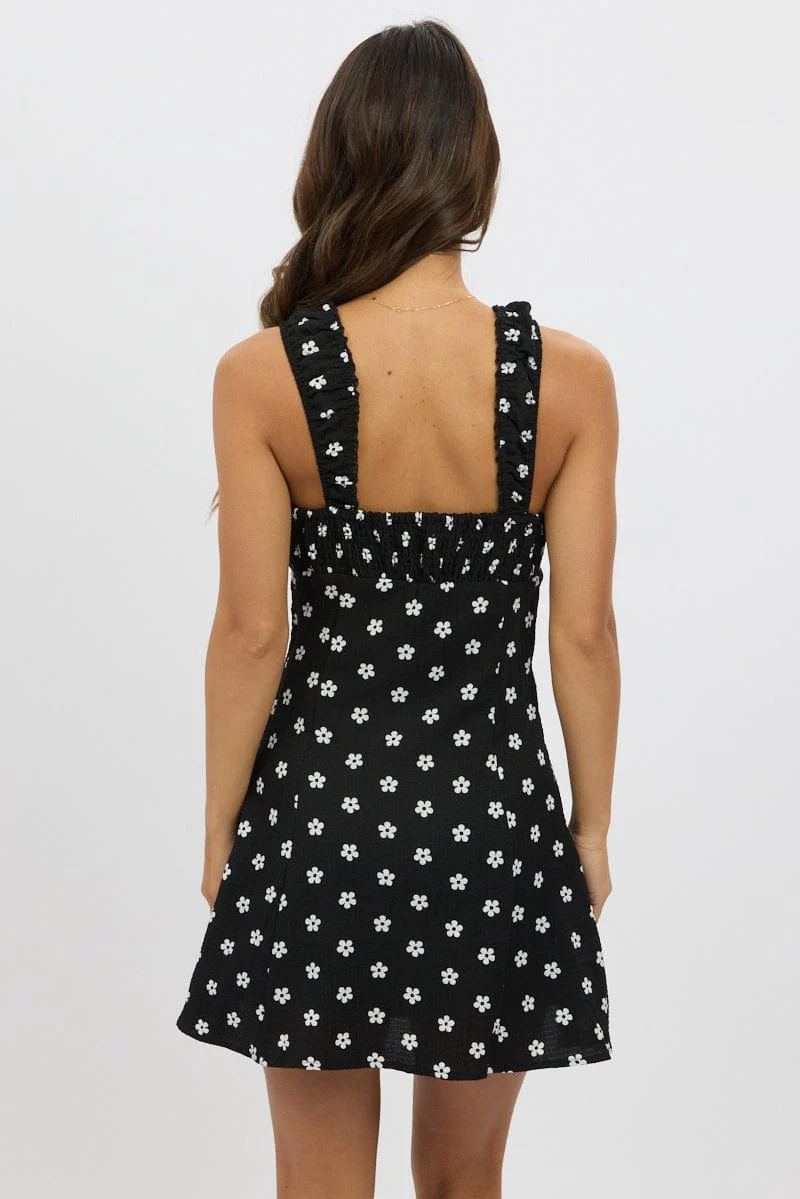 Black Floral Mini Dress Gathered Bust - Image 5
