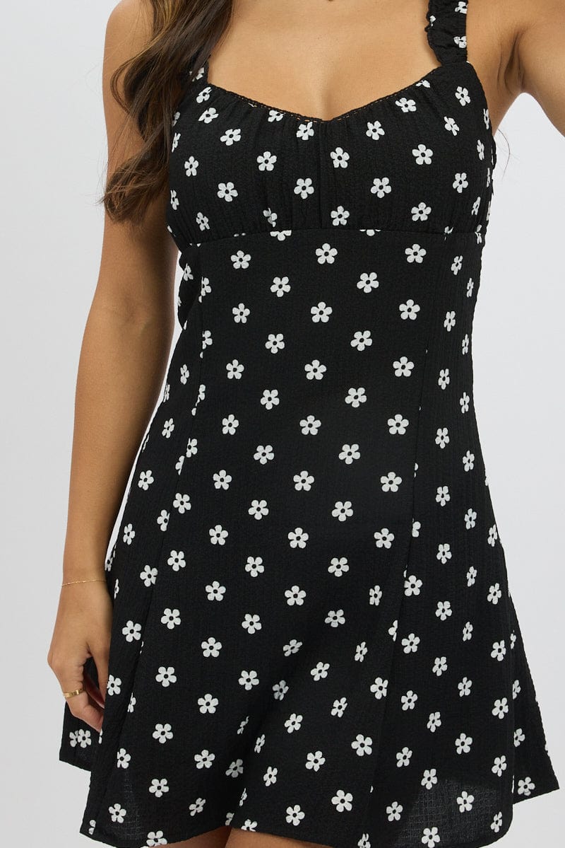 Black Floral Mini Dress Gathered Bust - Image 6