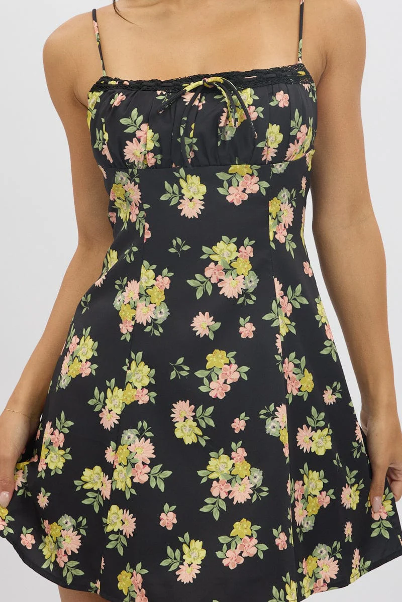 Black Floral Mini Dress Strappy - Image 6