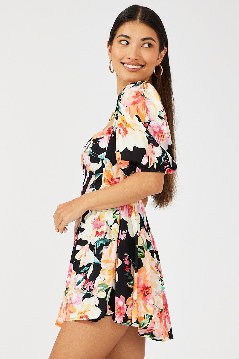 Black Floral Puff Sleeve Skater Dress - Image 4