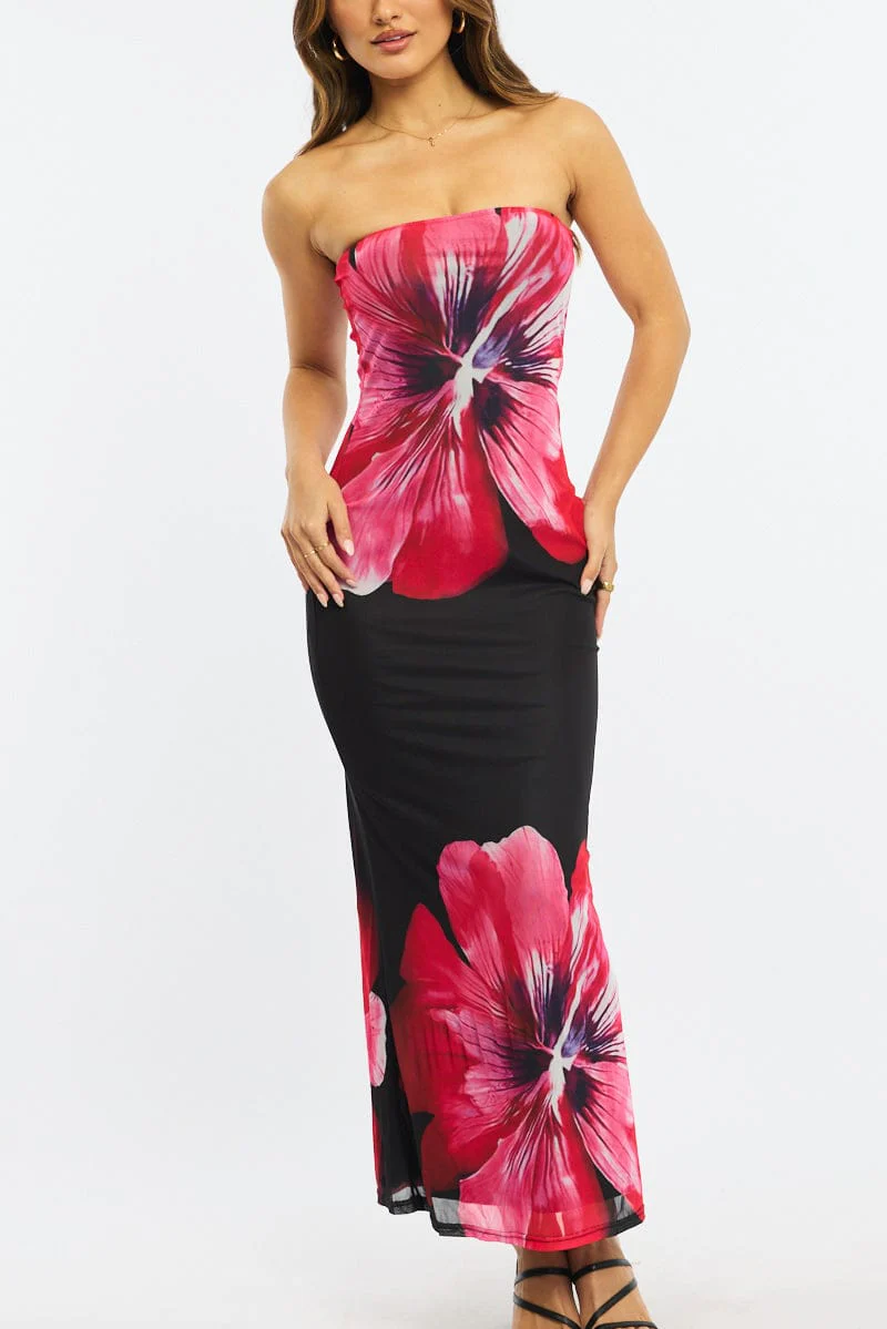 Black Floral Strapless Maxi Dress - Image 5