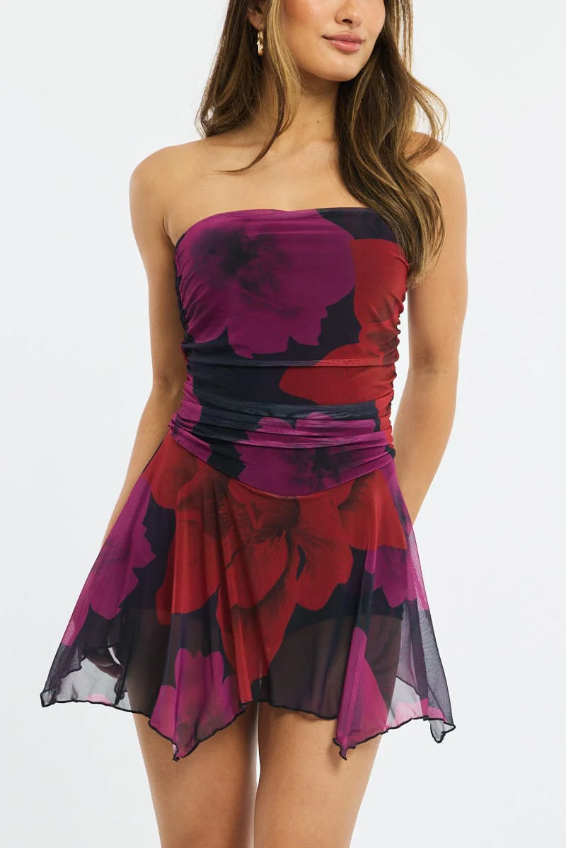Black Floral Strapless Mini Dress - Image 4